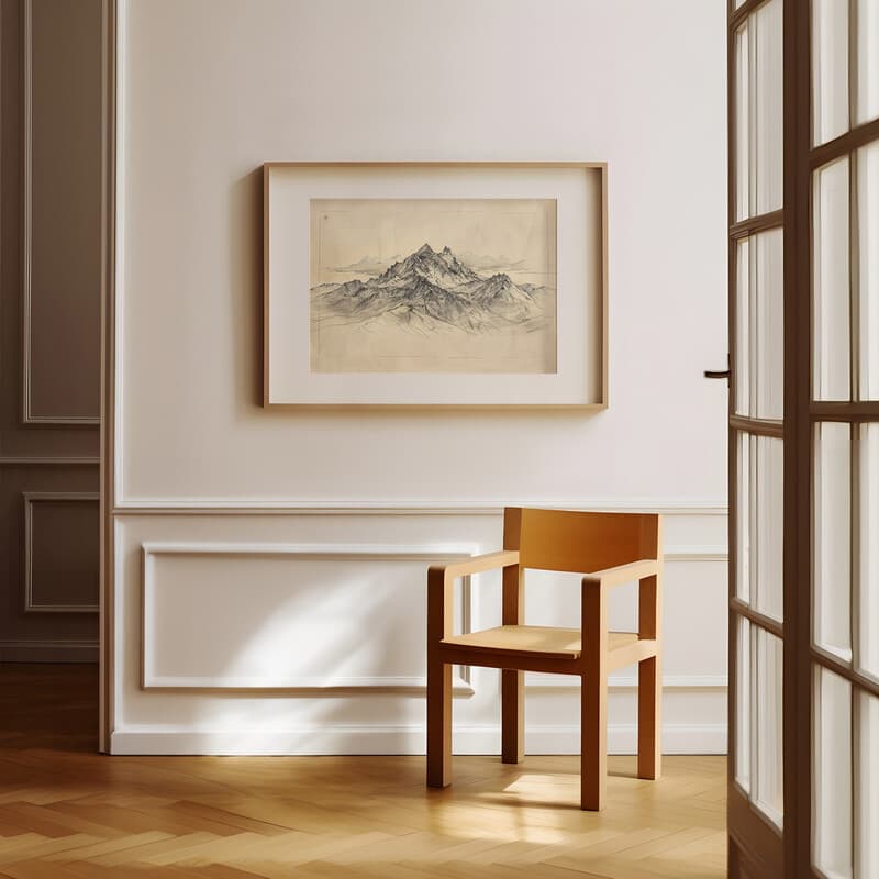 Room view with a matted frame of A japandi graphite sketch, a mountain range