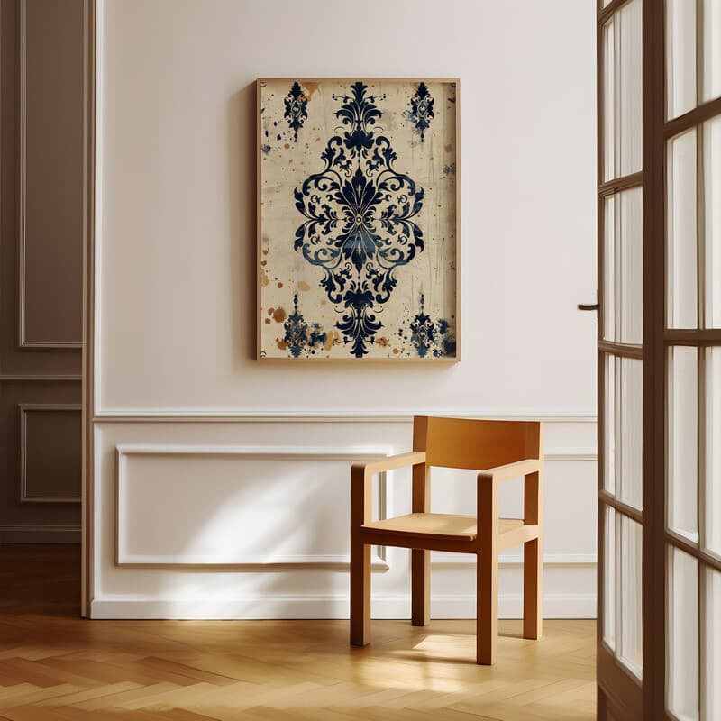 Room view with a full frame of An art nouveau textile print, symmetric intricate pattern