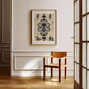 Room view with a matted frame of An art nouveau textile print, symmetric intricate pattern
