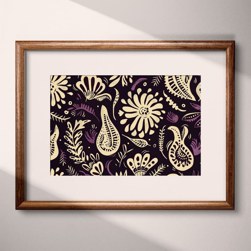 Matted frame view of A bohemian linocut print, simple pattern