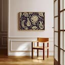 Room view with a full frame of A bohemian linocut print, simple pattern