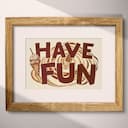 Matted frame view of A vintage linocut print, the words "HAVE FUN" with ice cream