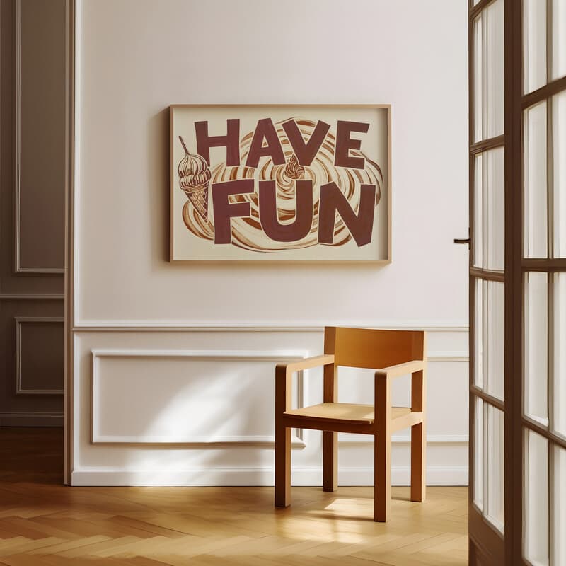 Room view with a full frame of A vintage linocut print, the words "HAVE FUN" with ice cream