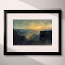 Matted frame view of An impressionist oil painting, sunrise over a canyon