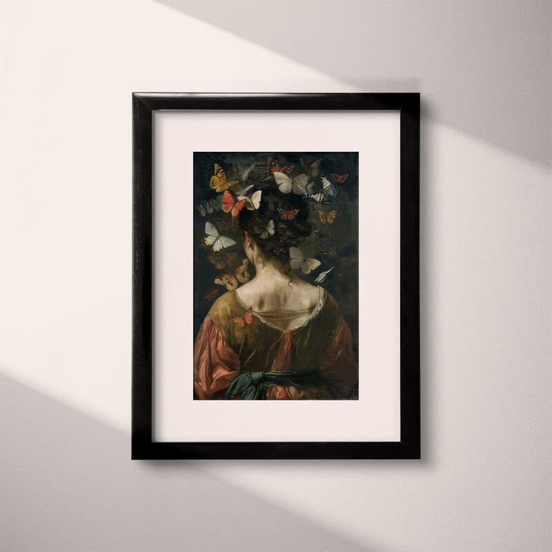 Matted frame view of A chicano art oil painting, portrait of a woman surrounded by butterflies, back view