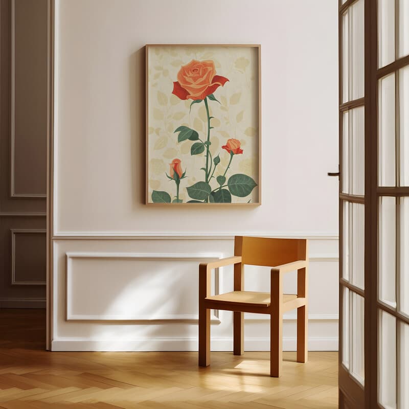 Room view with a full frame of A cute simple illustration with simple shapes, a rose garden