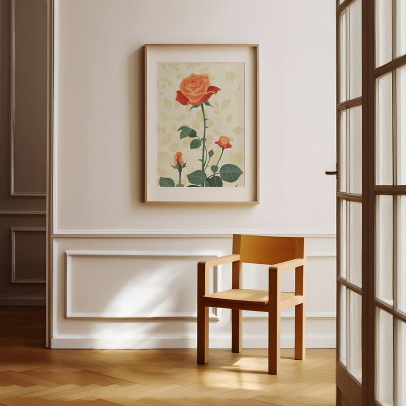 Room view with a matted frame of A cute simple illustration with simple shapes, a rose garden