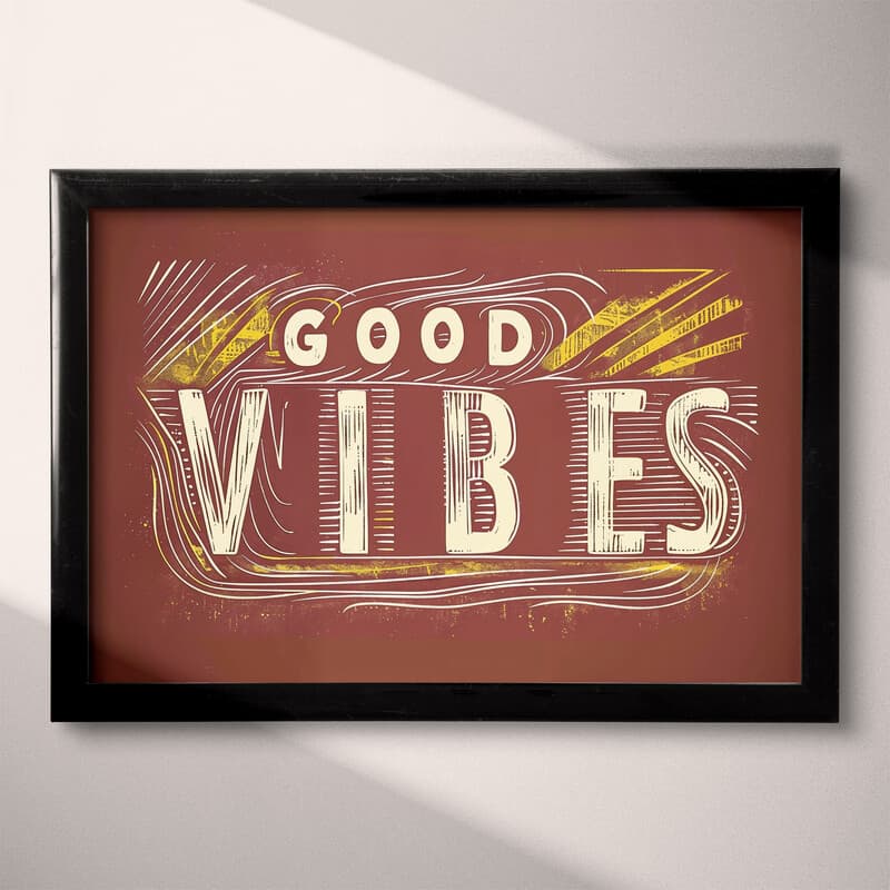 Full frame view of A vintage linocut print, the words "GOOD VIBES" with lines