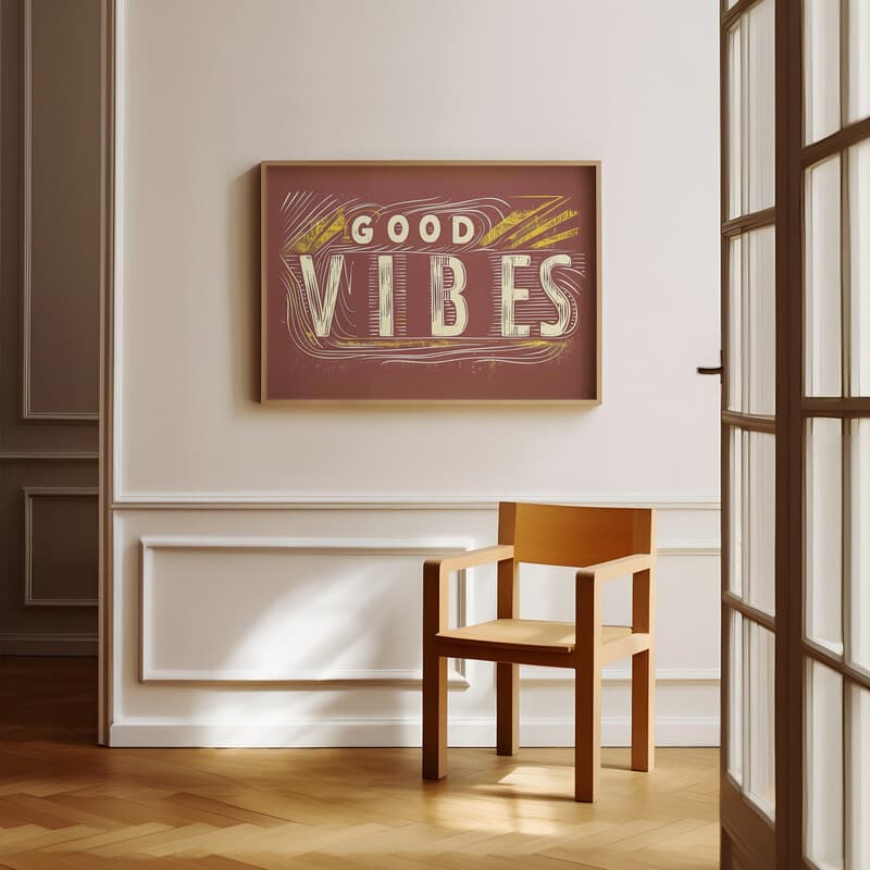 Room view with a full frame of A vintage linocut print, the words "GOOD VIBES" with lines