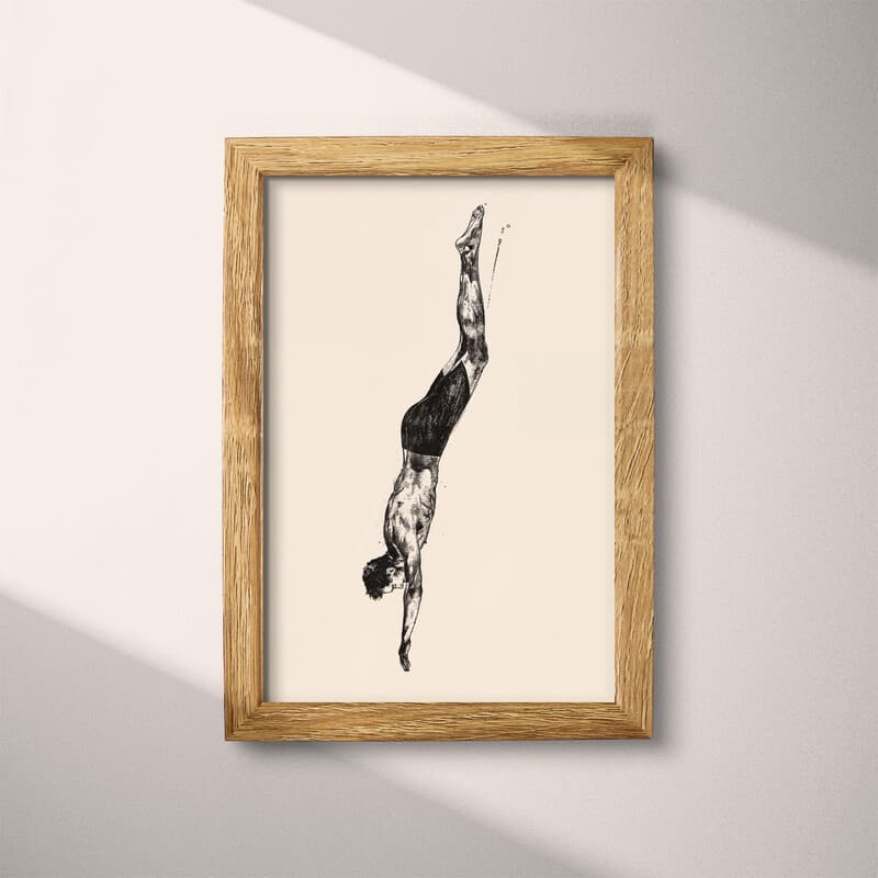Full frame view of A vintage graphite sketch, a person diving into water in a vertical position, side view