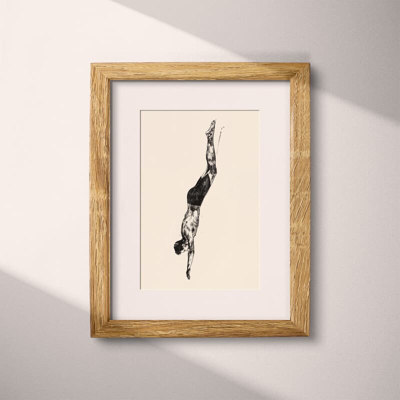 Matted frame view of A vintage graphite sketch, a person diving into water in a vertical position, side view