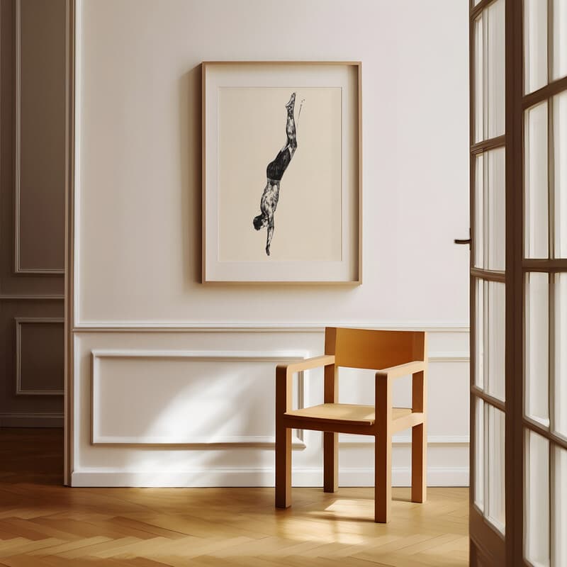 Room view with a matted frame of A vintage graphite sketch, a person diving into water in a vertical position, side view
