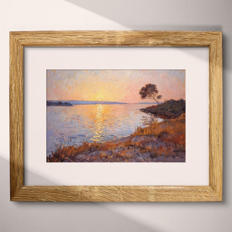 Matted frame view of An impressionist oil painting, sunset on a bay