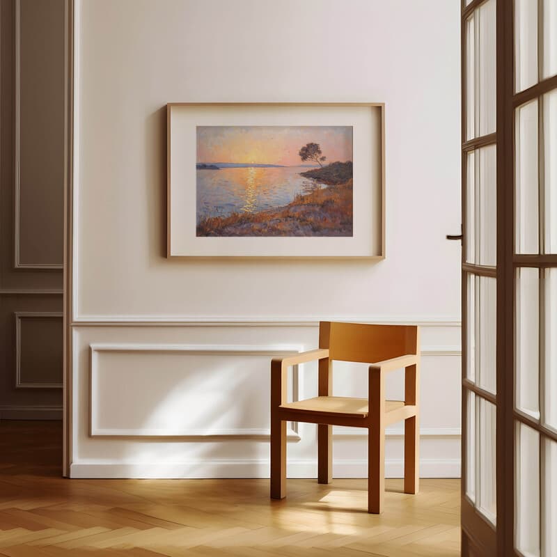 Room view with a matted frame of An impressionist oil painting, sunset on a bay