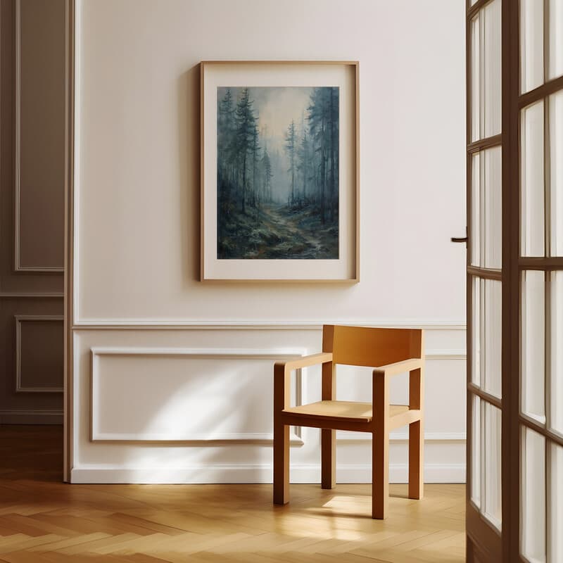 Room view with a matted frame of An impressionist oil painting, fir tree forest