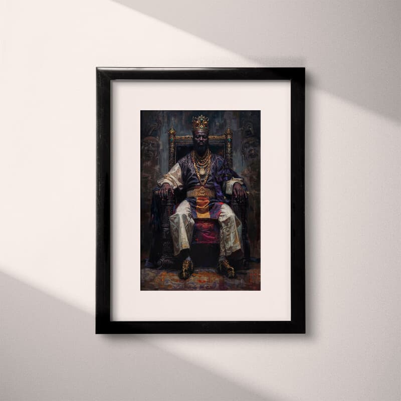 Matted frame view of An afrofuturism oil painting, a king on a throne