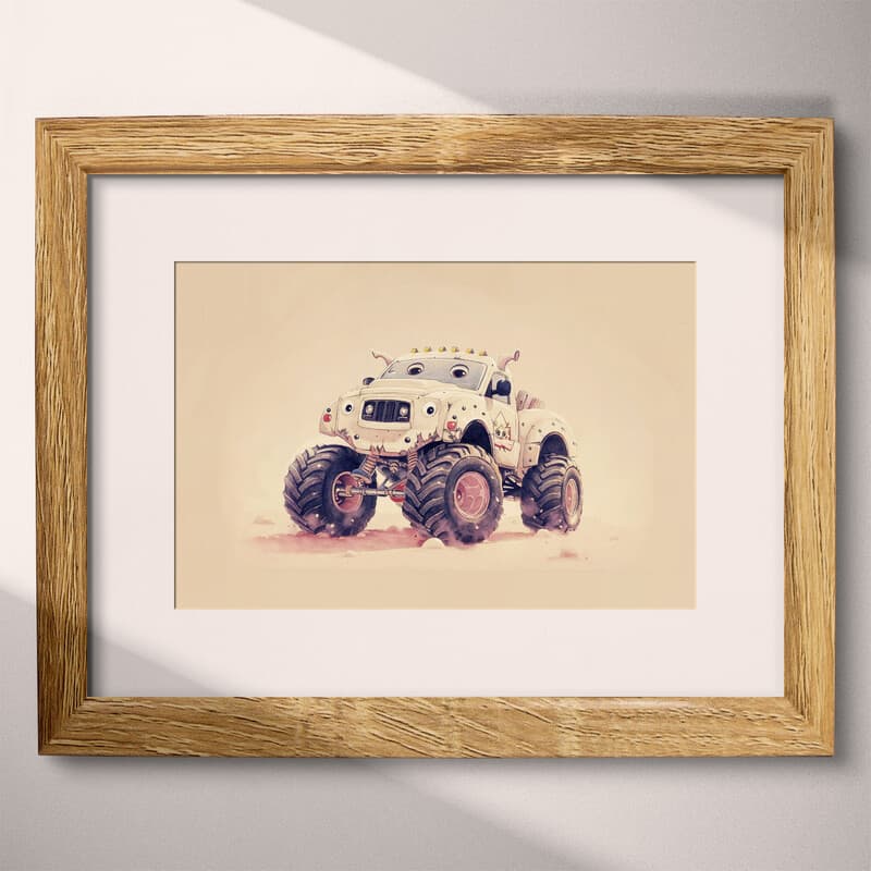 Matted frame view of A cute chibi anime pastel pencil illustration, a monster truck