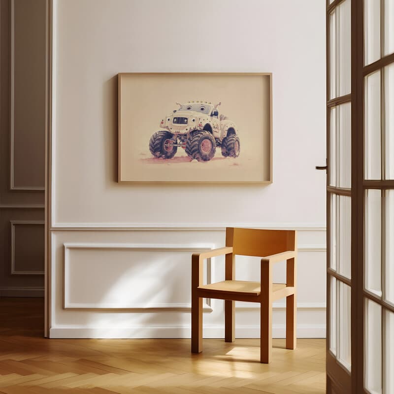 Room view with a full frame of A cute chibi anime pastel pencil illustration, a monster truck
