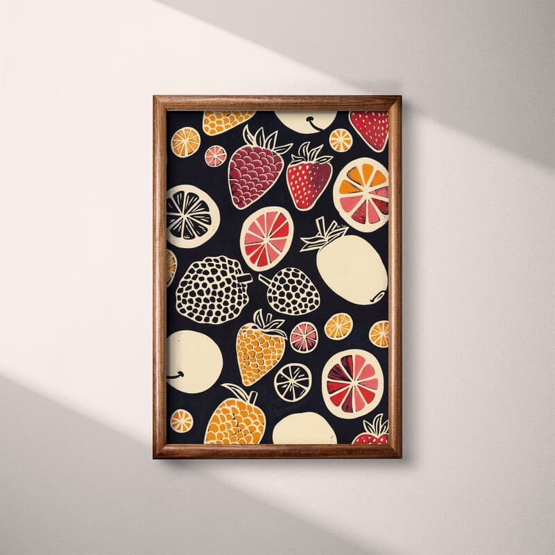 Full frame view of A bauhaus linocut print, symmetric fruit pattern