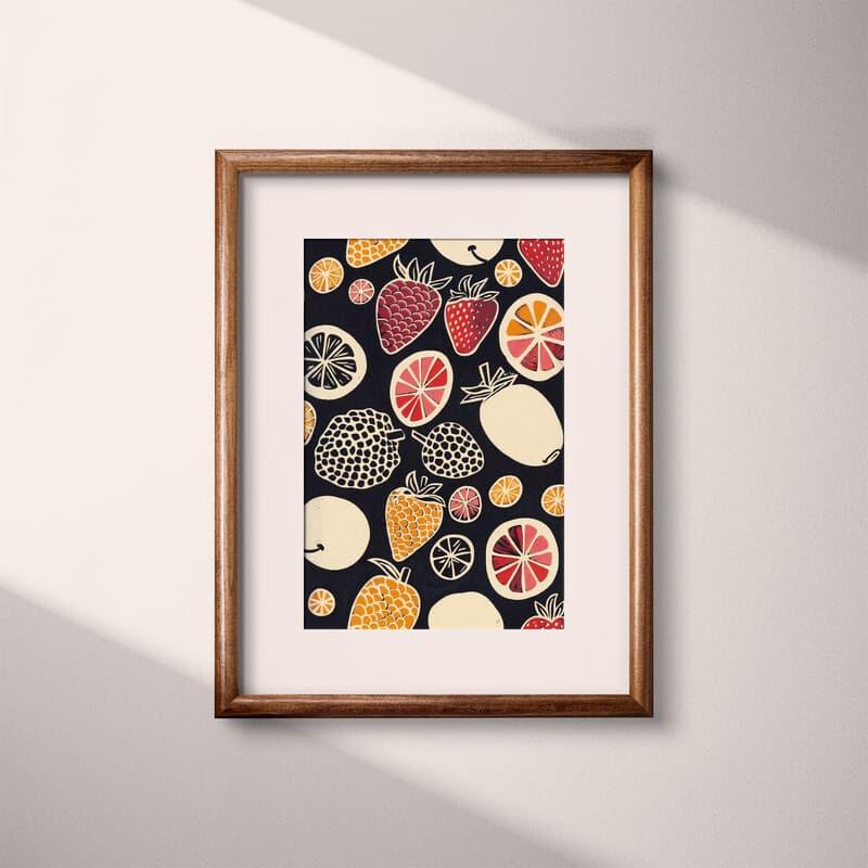 Matted frame view of A bauhaus linocut print, symmetric fruit pattern