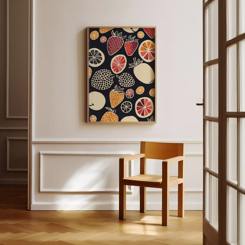 Room view with a full frame of A bauhaus linocut print, symmetric fruit pattern