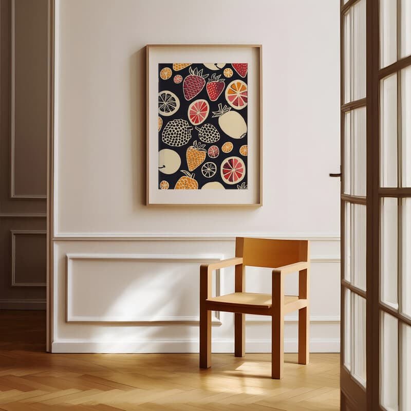 Room view with a matted frame of A bauhaus linocut print, symmetric fruit pattern