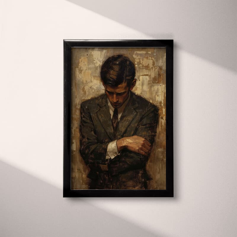 Full frame view of A vintage oil painting, man in a suit with arms crossed, head down