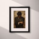 Matted frame view of A vintage oil painting, man in a suit with arms crossed, head down