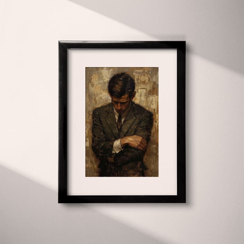 Matted frame view of A vintage oil painting, man in a suit with arms crossed, head down