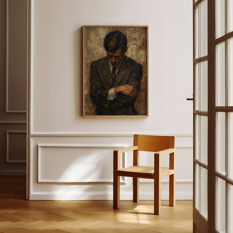 Room view with a full frame of A vintage oil painting, man in a suit with arms crossed, head down