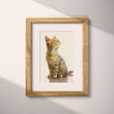 Matted frame view of A mid-century colored pencil illustration, a cat in the rain