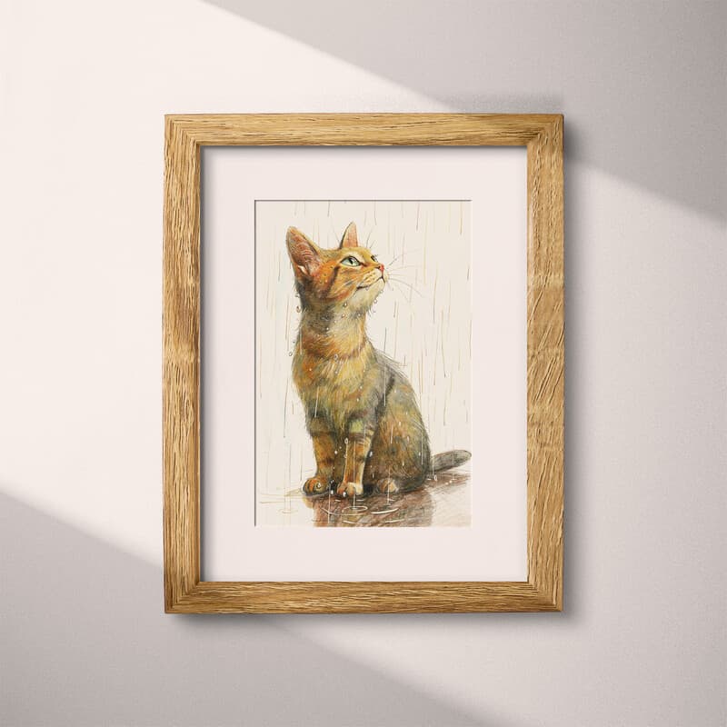 Matted frame view of A mid-century colored pencil illustration, a cat in the rain