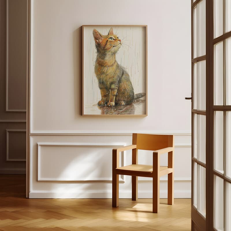 Room view with a full frame of A mid-century colored pencil illustration, a cat in the rain