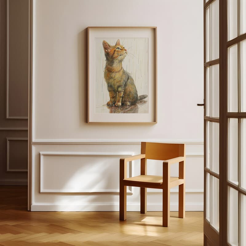 Room view with a matted frame of A mid-century colored pencil illustration, a cat in the rain