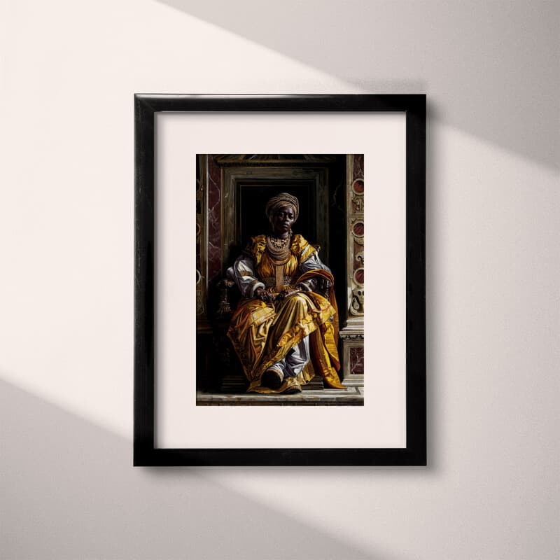 Matted frame view of An afrofuturism oil painting, a queen on a throne