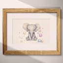 Matted frame view of A cute chibi anime pastel pencil illustration, an elephant and bubbles
