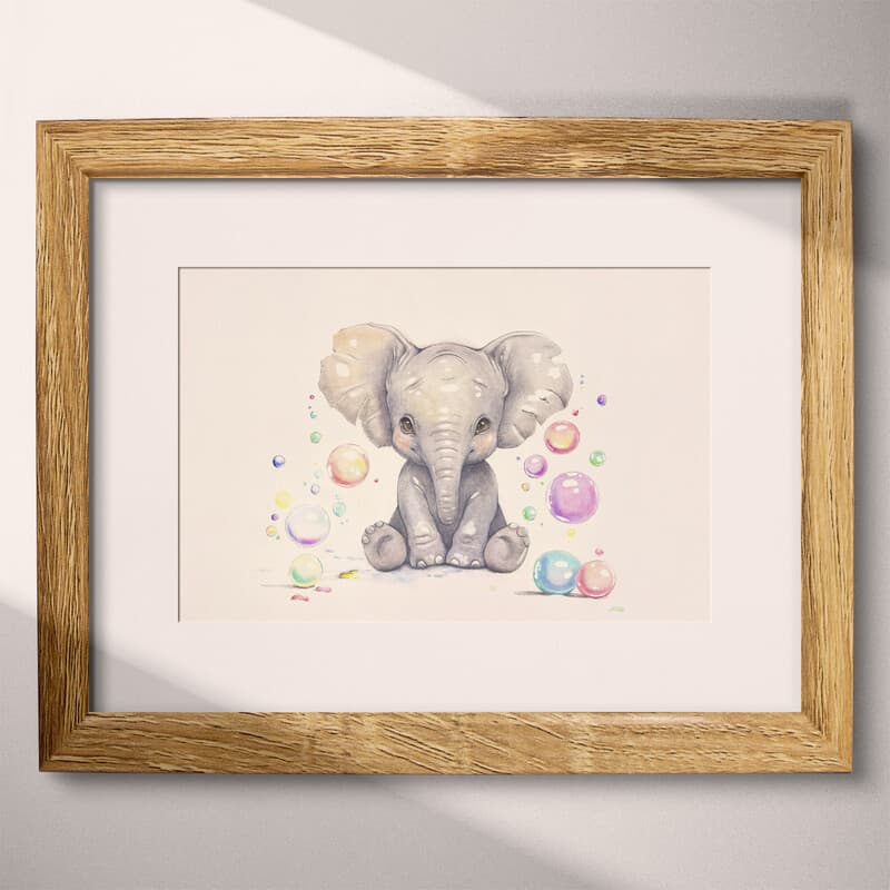 Matted frame view of A cute chibi anime pastel pencil illustration, an elephant and bubbles