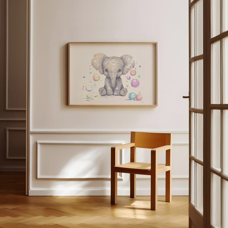 Room view with a full frame of A cute chibi anime pastel pencil illustration, an elephant and bubbles