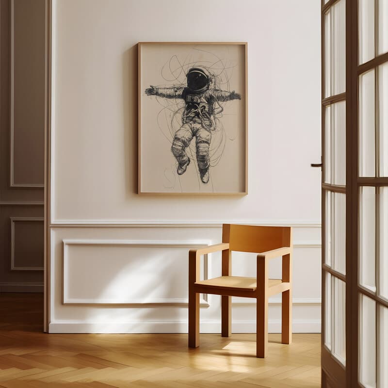 Room view with a full frame of A vintage pencil sketch, an astronaut