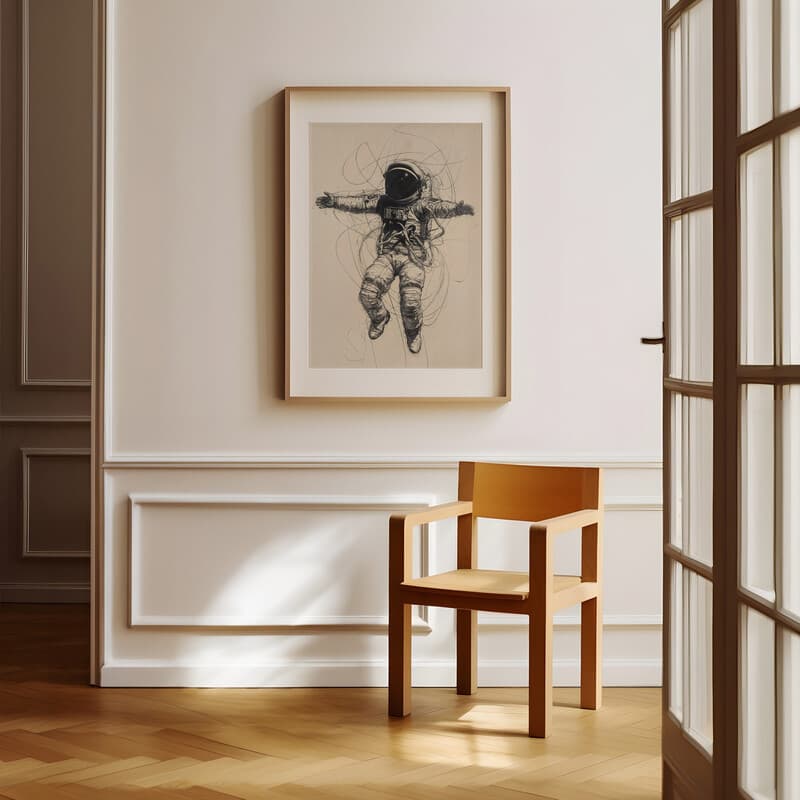 Room view with a matted frame of A vintage pencil sketch, an astronaut