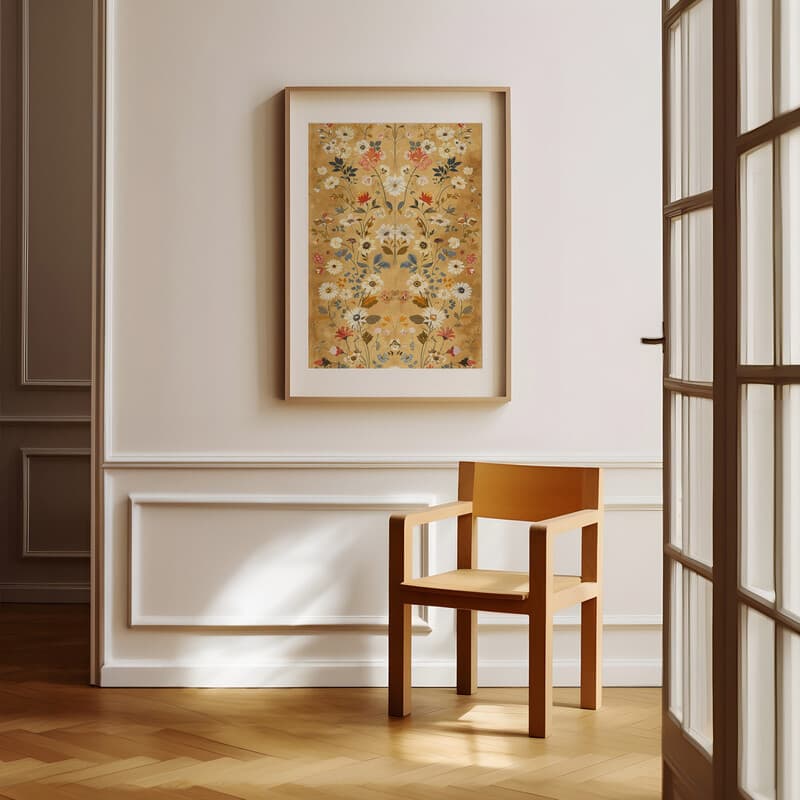 Room view with a matted frame of A french country textile print, symmetric floral pattern