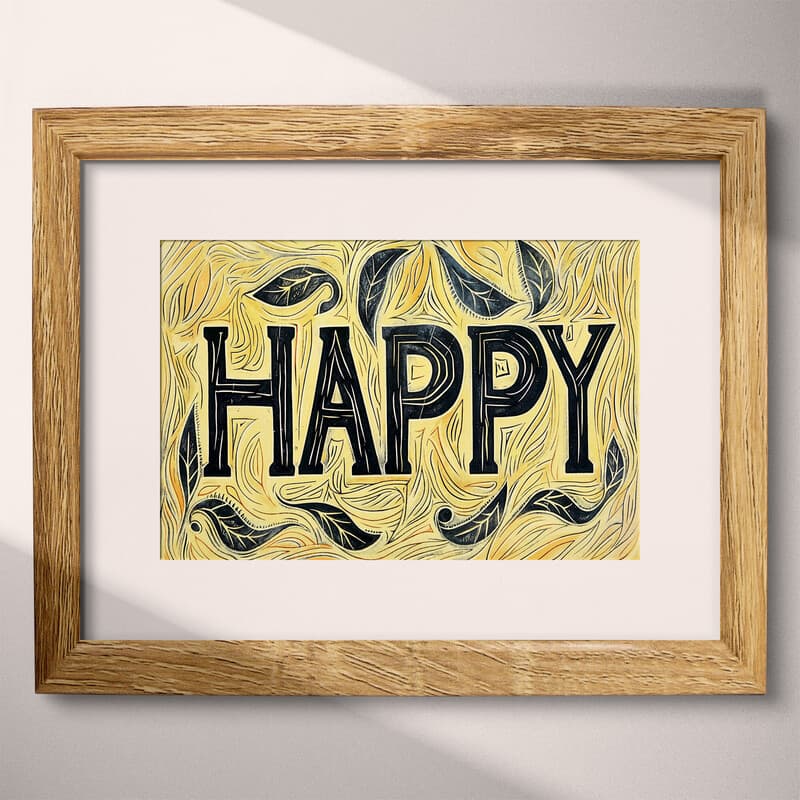 Matted frame view of A vintage linocut print, the word "HAPPY" with a background pattern