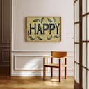 Room view with a full frame of A vintage linocut print, the word "HAPPY" with a background pattern