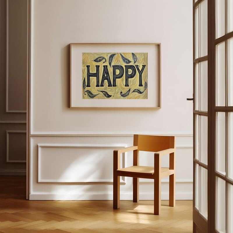 Room view with a matted frame of A vintage linocut print, the word "HAPPY" with a background pattern