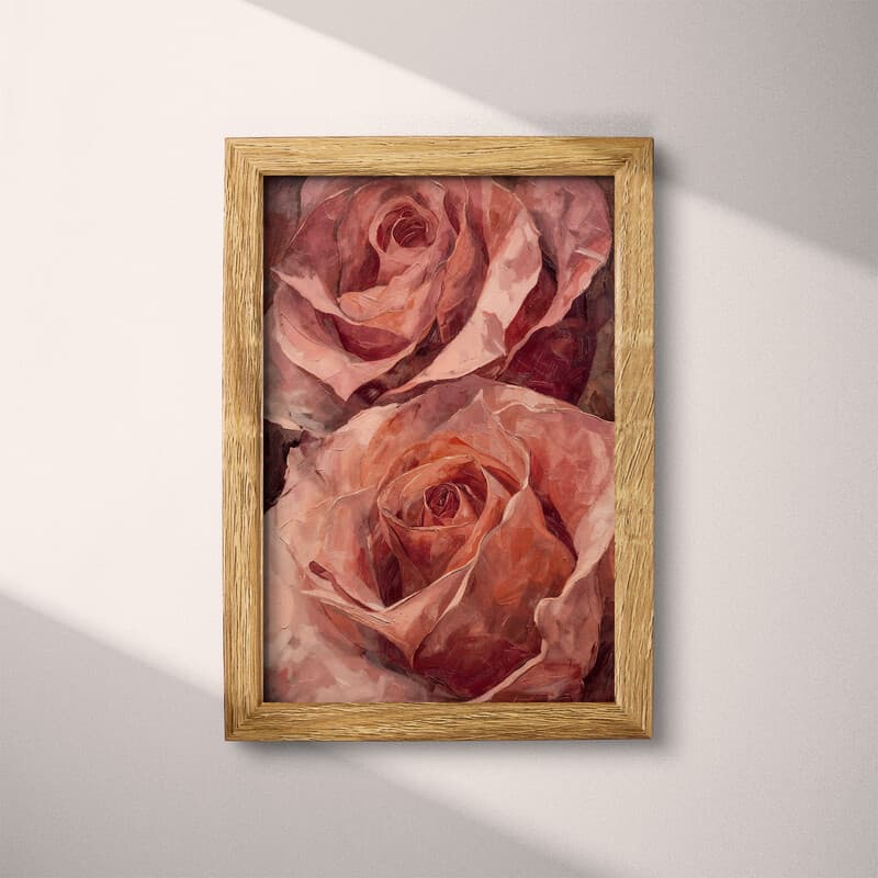 Full frame view of An abstract impressionist oil painting, two giant pink roses, closeup view