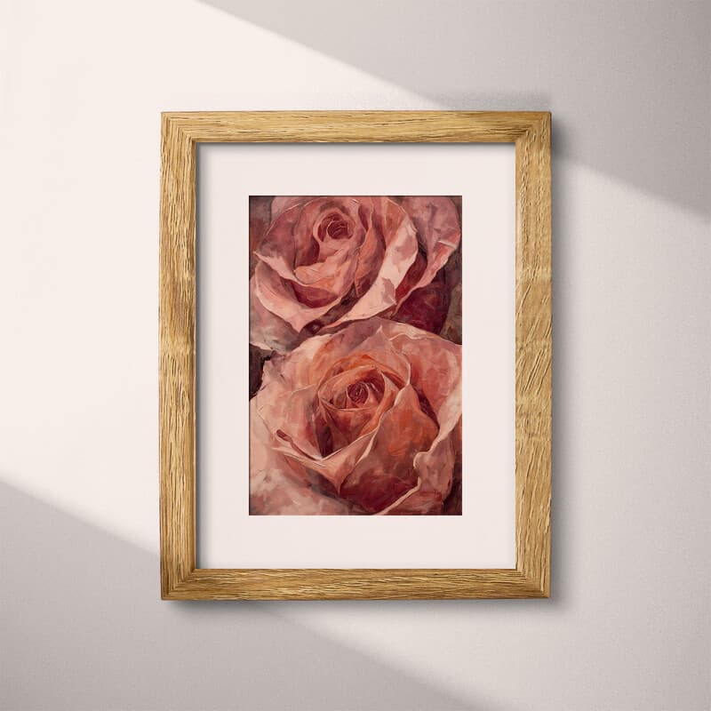 Matted frame view of An abstract impressionist oil painting, two giant pink roses, closeup view