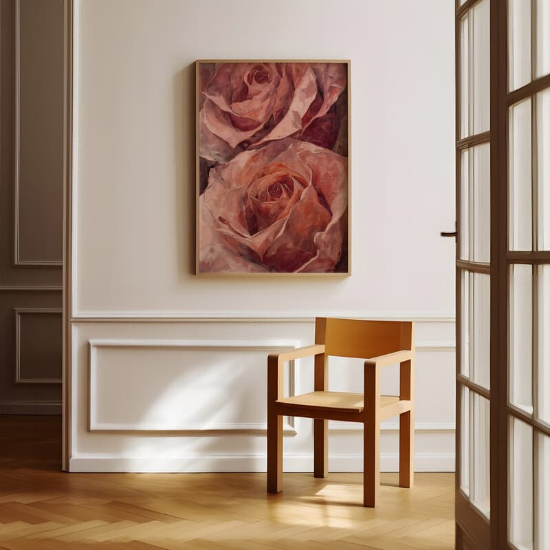 Room view with a full frame of An abstract impressionist oil painting, two giant pink roses, closeup view