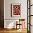Room view with a matted frame of An abstract impressionist oil painting, two giant pink roses, closeup view