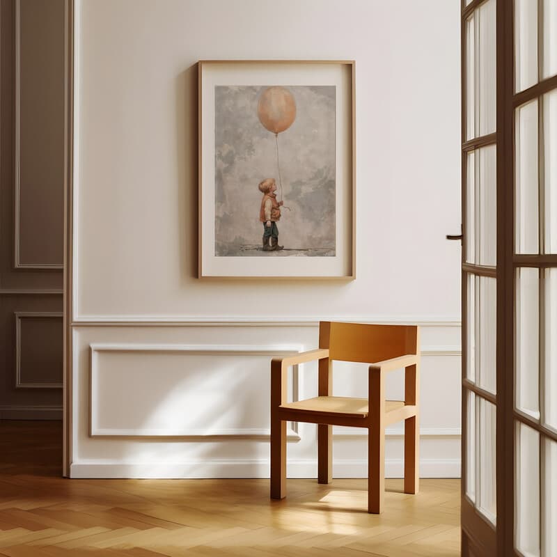 Room view with a matted frame of A vintage oil painting, portrait of a boy with a balloon