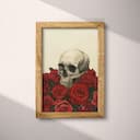Full frame view of A gothic pastel pencil illustration, a skull on a bed of red roses